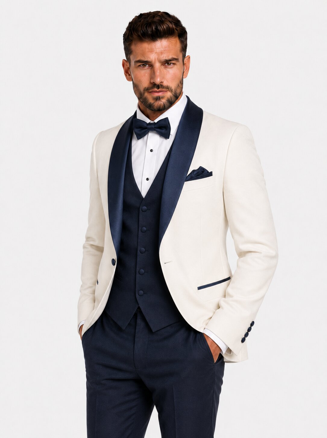 Men’s Ivory and Navy 3 Piece Wedding Tuxedo