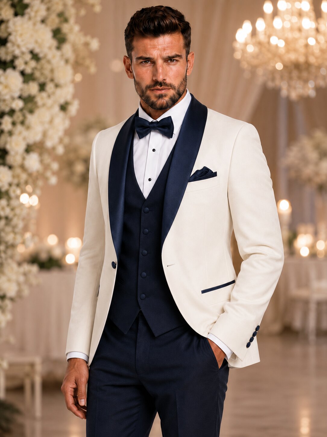 Men’s Ivory and Navy 3 Piece Wedding Tuxedo