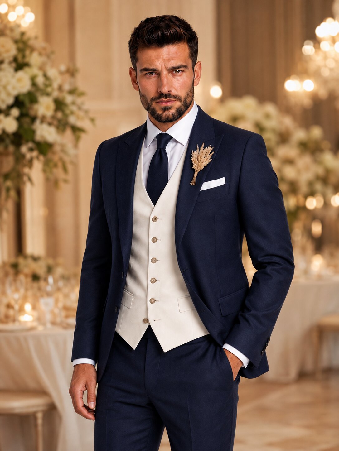 Men’s Navy Ivory 3 Piece Wedding Suit – Tailored Fit Groom Suit