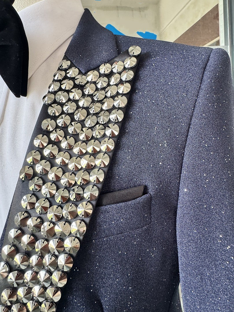 Men’s Navy Stud Lapel Glitter 3 Piece Tuxedo