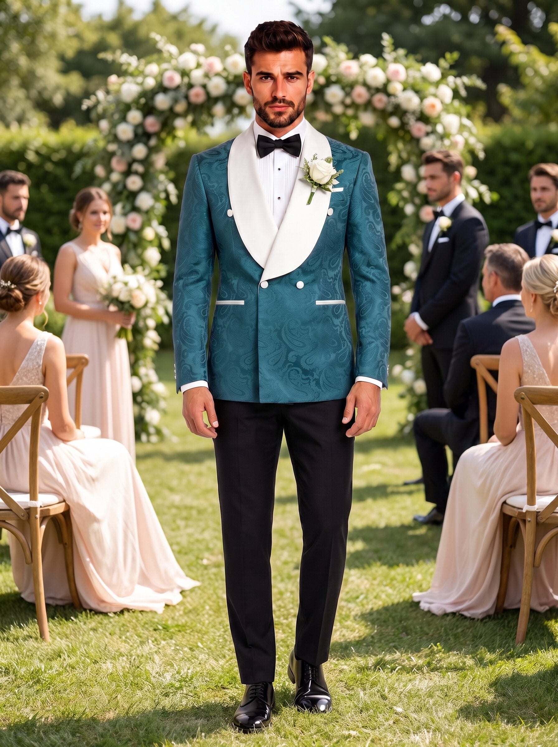 Men’s Paisley Double-Breasted 2 Piece Groom Tuxedo with Wide Shawl Lapel