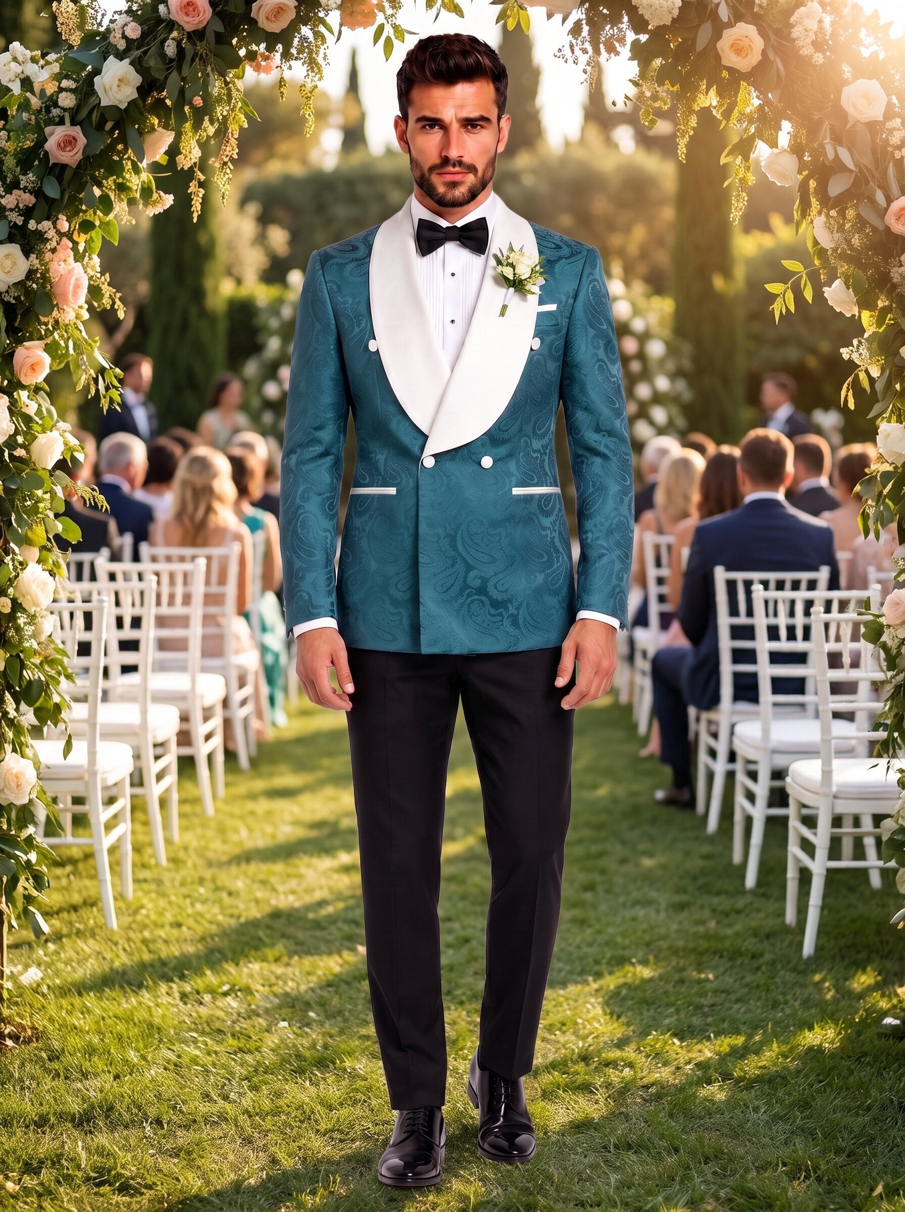 Men’s Paisley Double-Breasted 2 Piece Groom Tuxedo with Wide Shawl Lapel