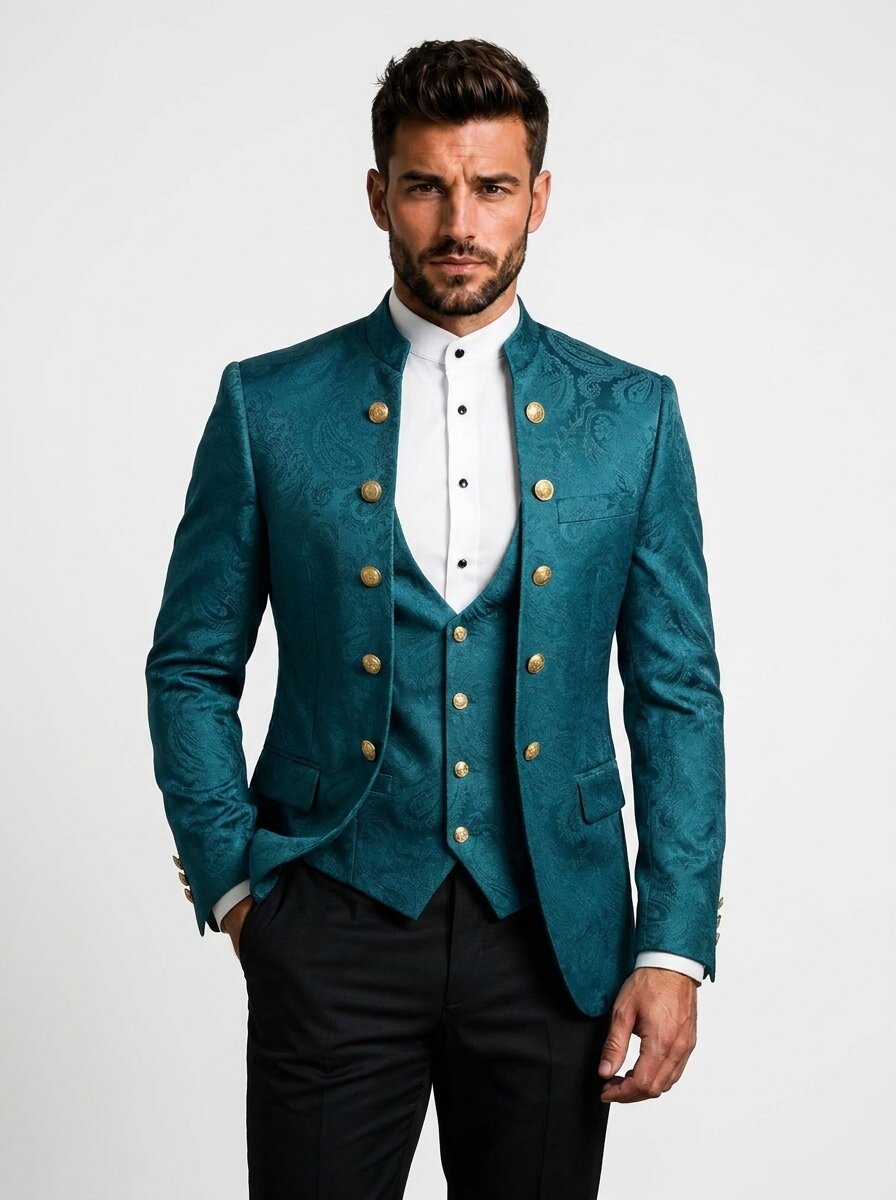 Paisley Mandarin Collar 3 Piece Suit