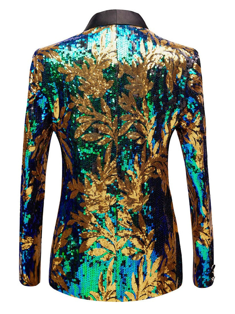 Men's Green & Gold Maple Leaf Sequin Prom Blazer