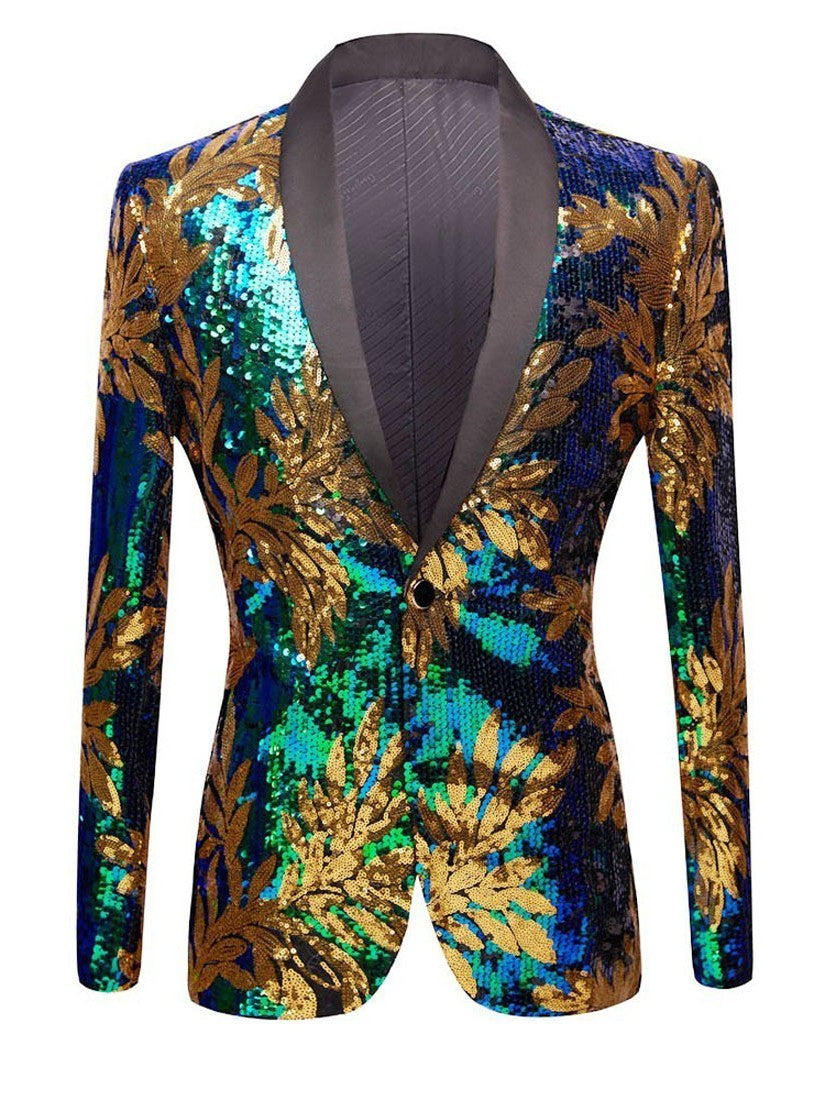 Men's Green & Gold Maple Leaf Sequin Prom Blazer