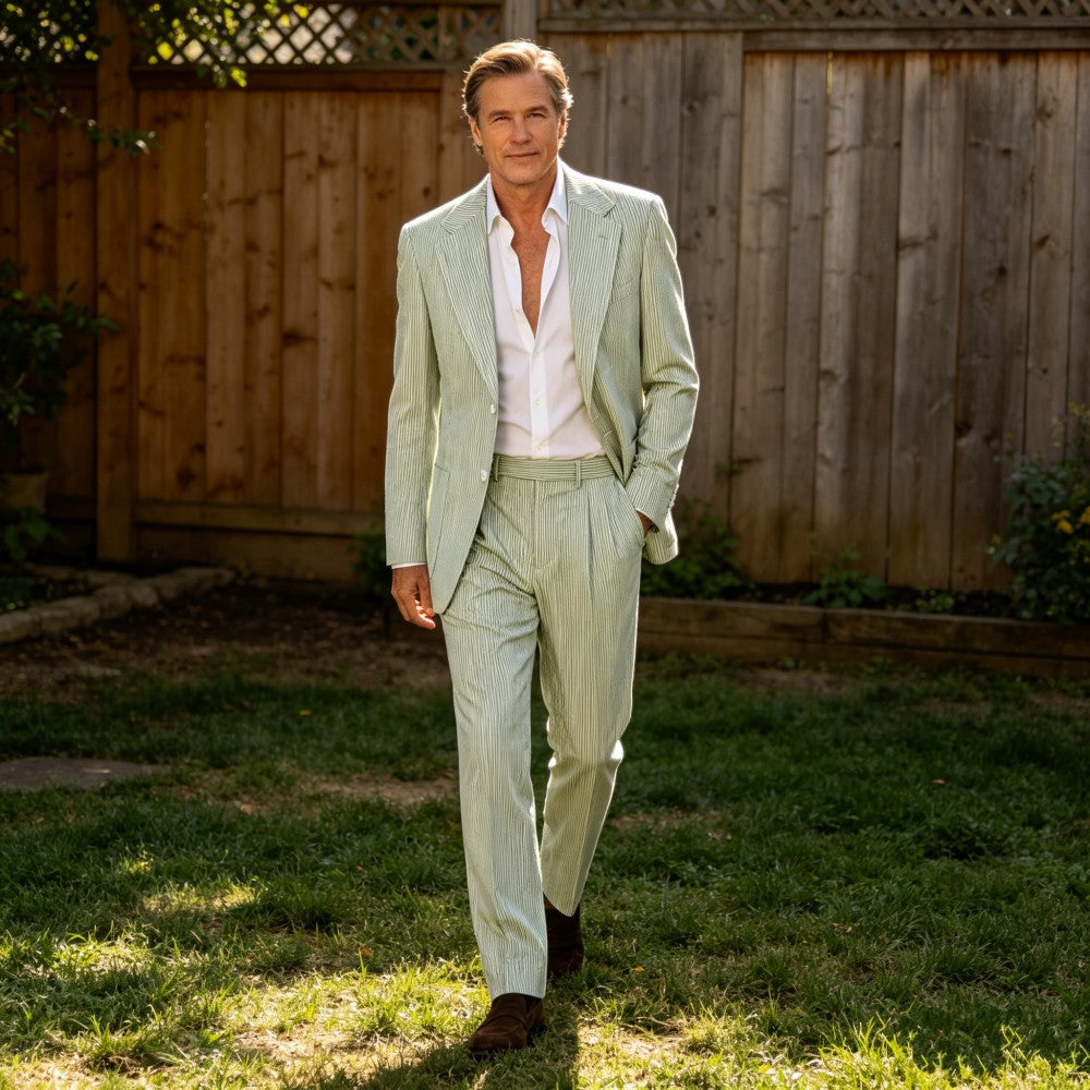 Men’s Pinstripe Seersucker Suit – 2 Piece Summer Slim Fit Suit