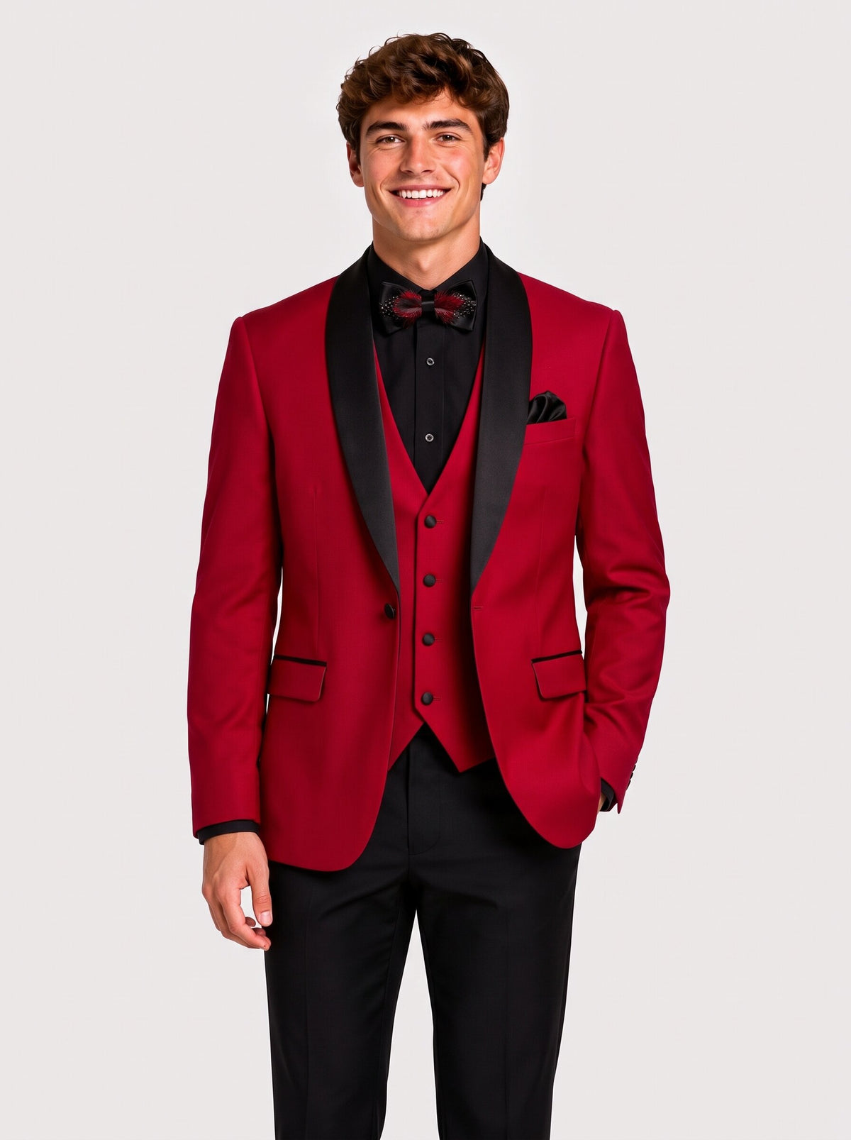 Men’s Red & Black Shawl Lapel 3-Piece Prom Tuxedo