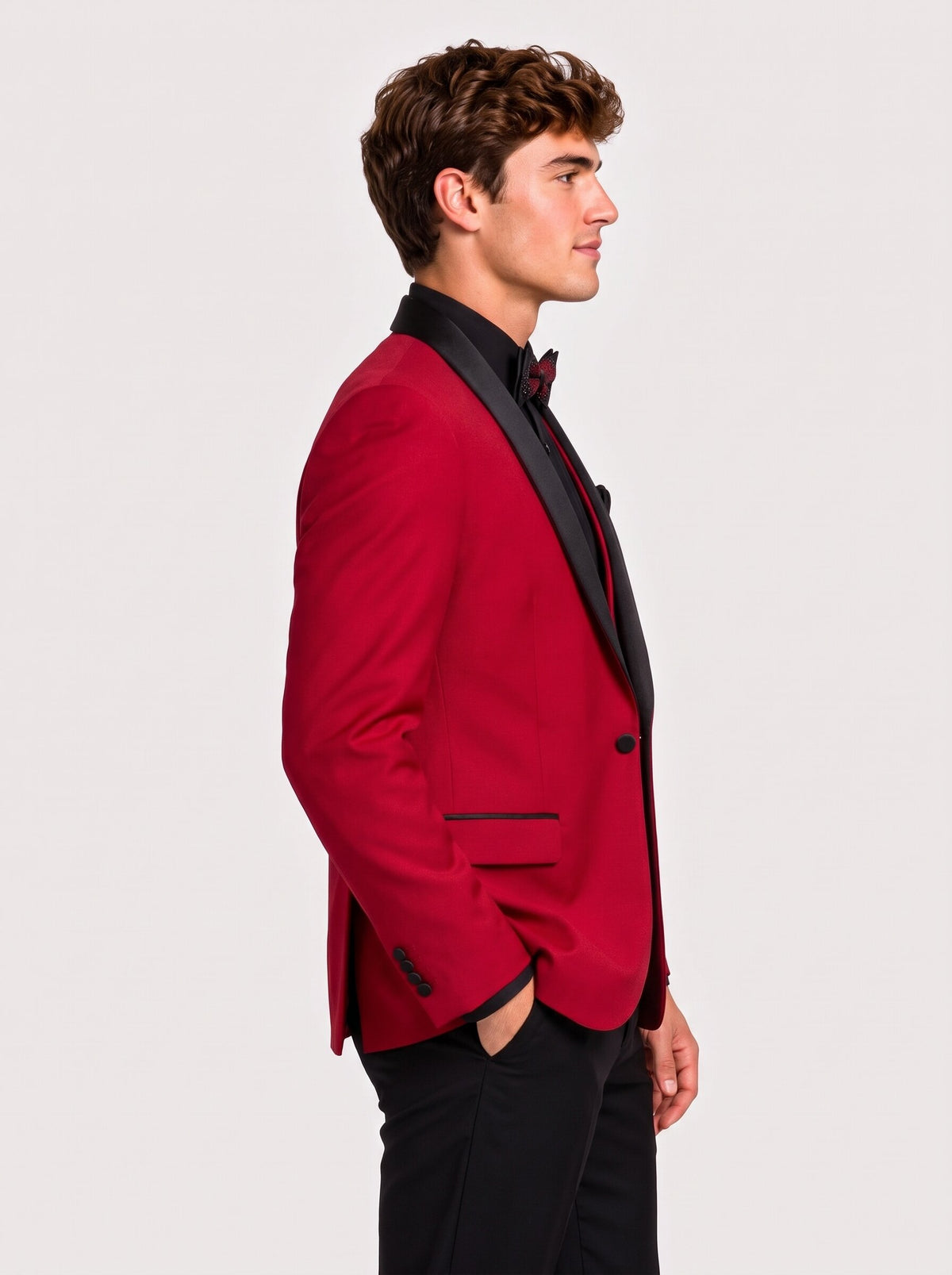 Men’s Red & Black Shawl Lapel 3-Piece Prom Tuxedo