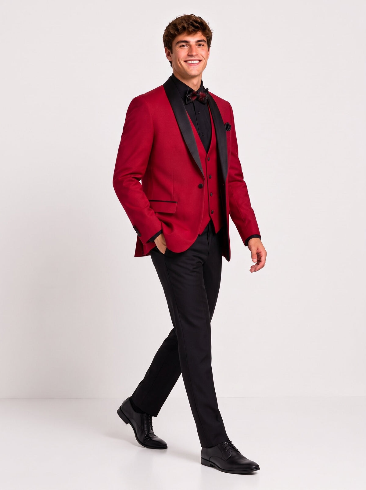 Men’s Red & Black Shawl Lapel 3-Piece Prom Tuxedo