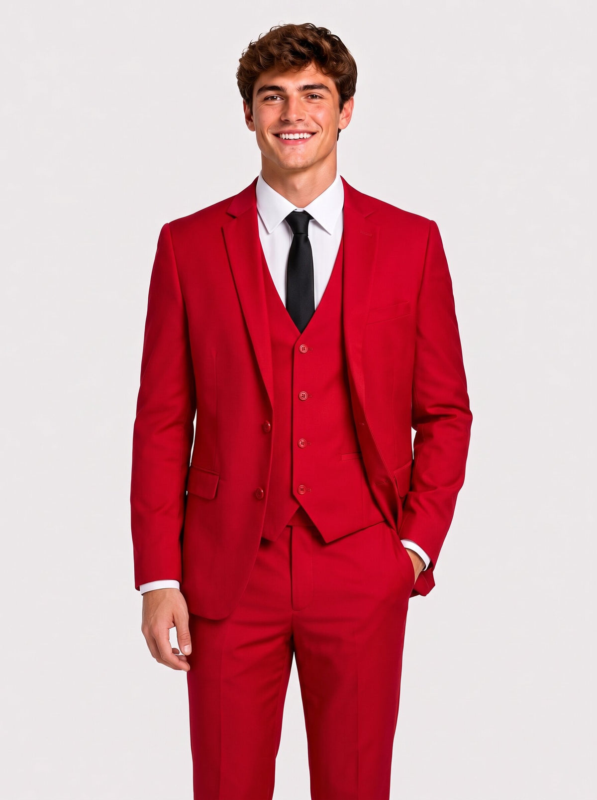 Men’s Red Notch Lapel 3-Piece Prom Suit