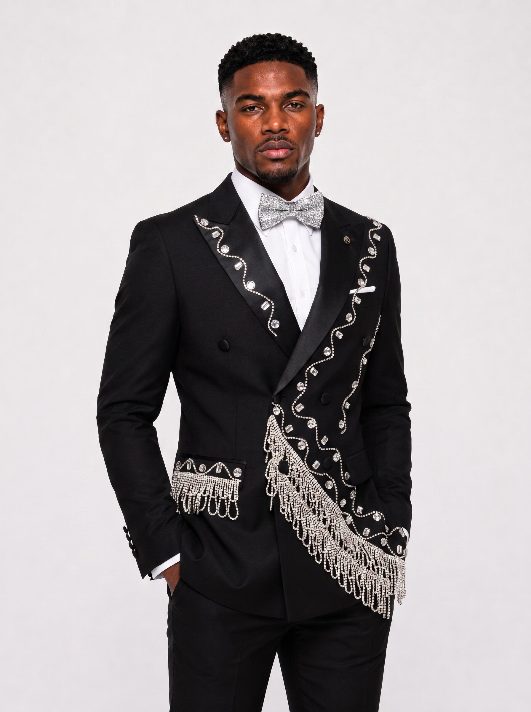 Men's Rhinestone Fringe Double-Breasted 2 Piece Tuxedo Wedding Prom Suit