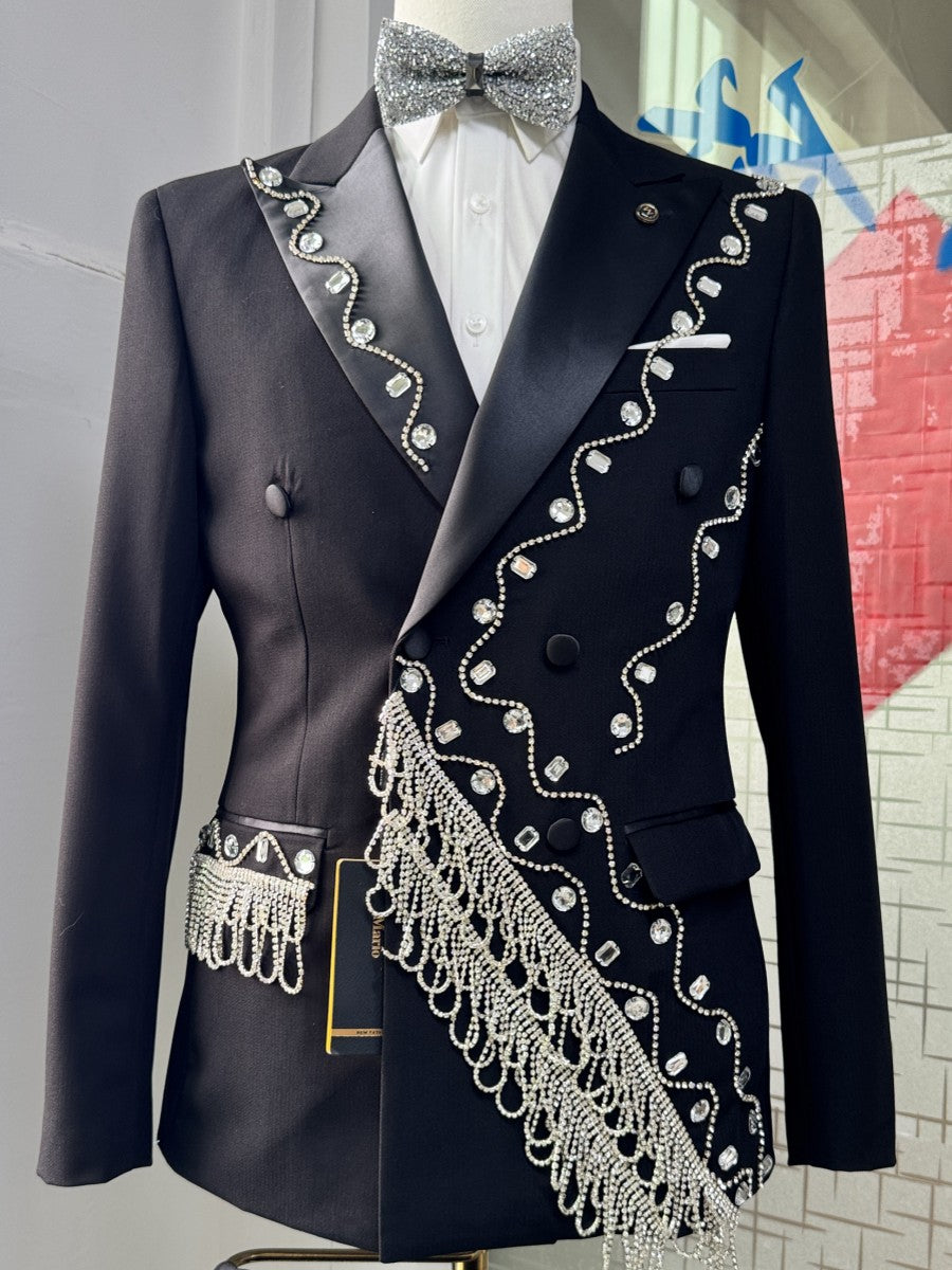 Men's Rhinestone Fringe Double-Breasted 2 Piece Tuxedo Wedding Prom Suit