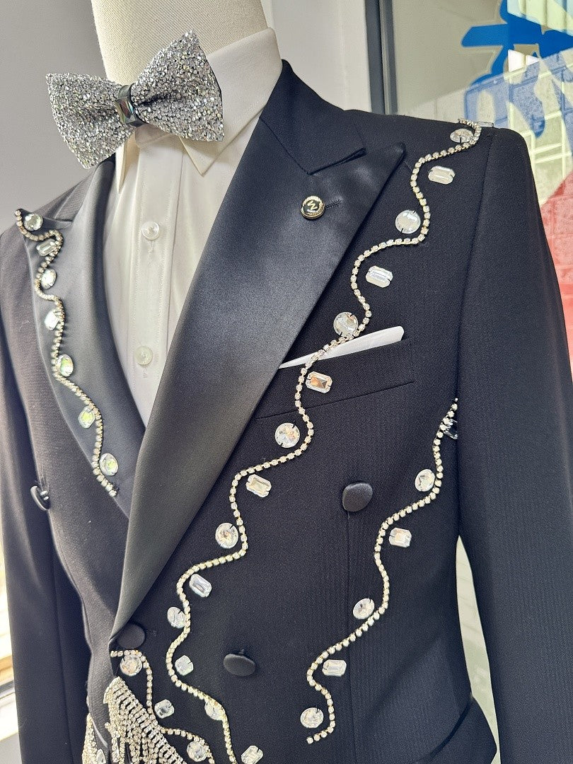 Men's Rhinestone Fringe Double-Breasted 2 Piece Tuxedo Wedding Prom Suit