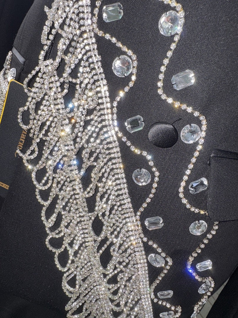 Men's Rhinestone Fringe Double-Breasted 2 Piece Tuxedo Wedding Prom Suit