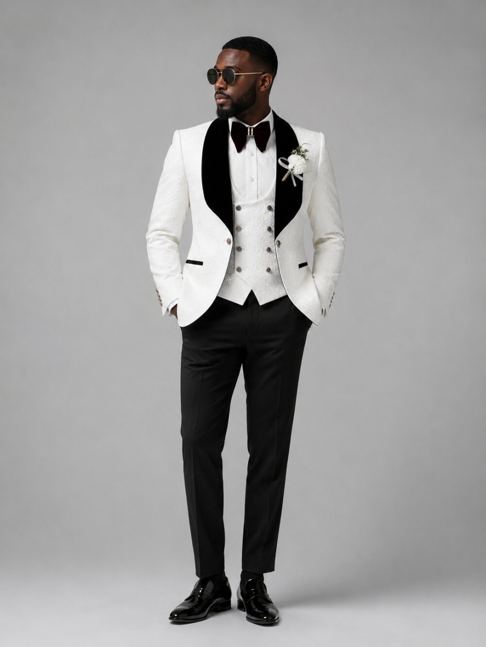 Men’s White Floral Jacquard Tuxedo