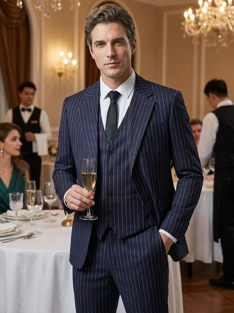 Men’s Striped 3 Piece Suit – Slim Fit Wedding & Business Formal Suit Set