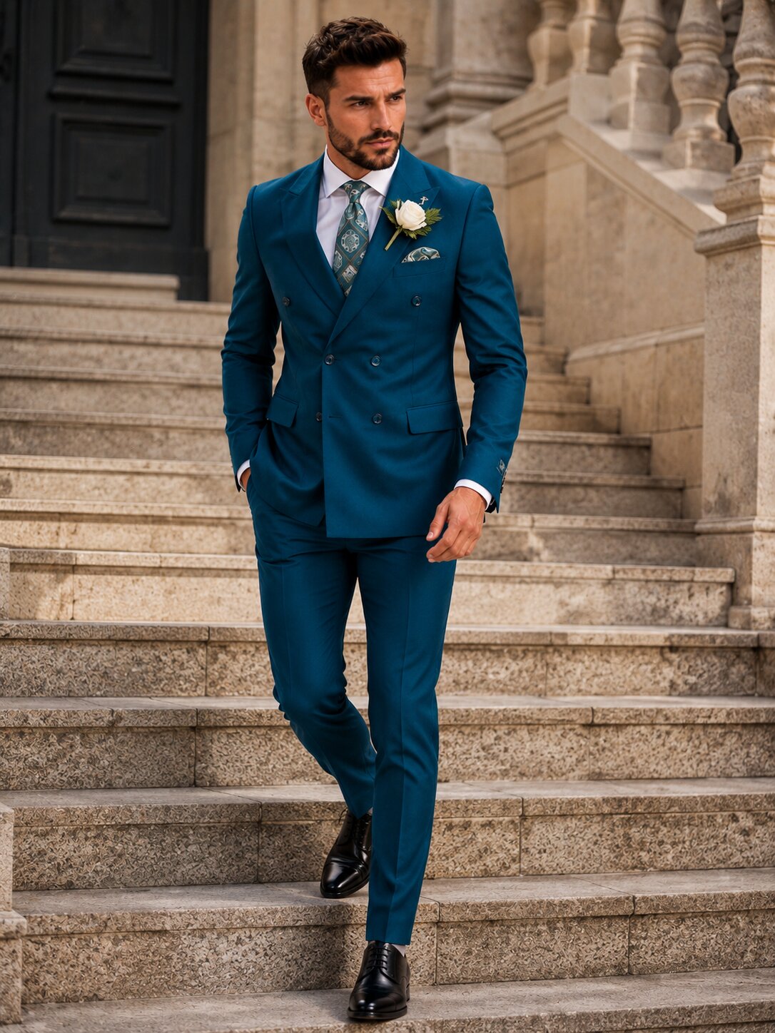 Men's Teal Blue Double Breasted Wedding Suit