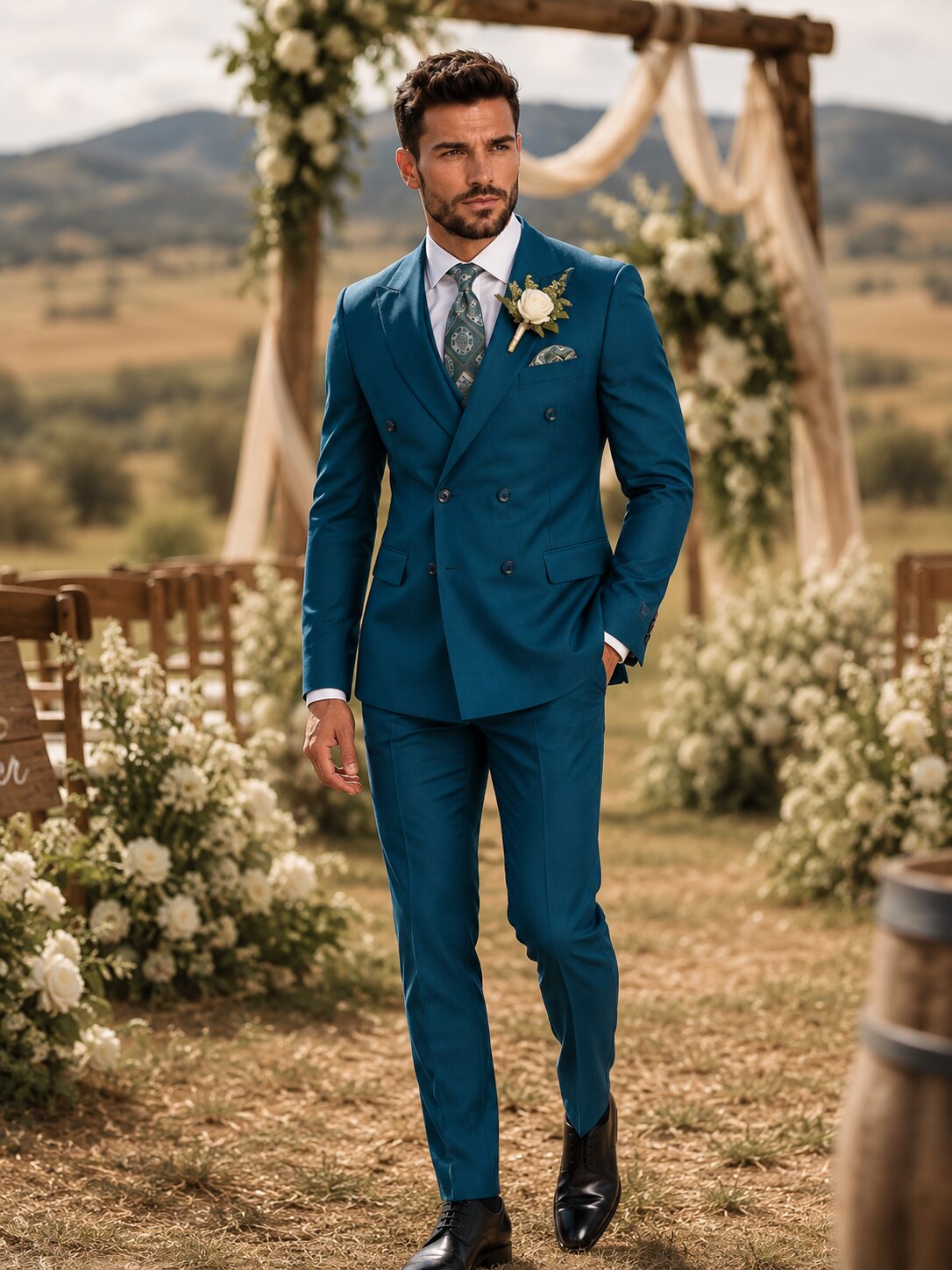 Men's Teal Blue Double Breasted Wedding Suit