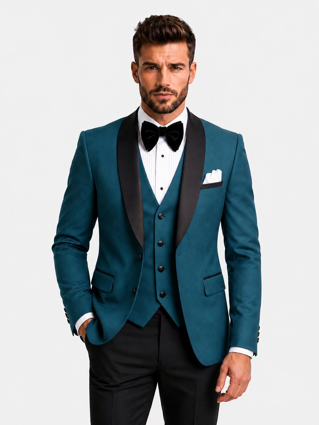 Men's Teal Blue Wedding Tuxedo 3 Piece Suit with Black Pants