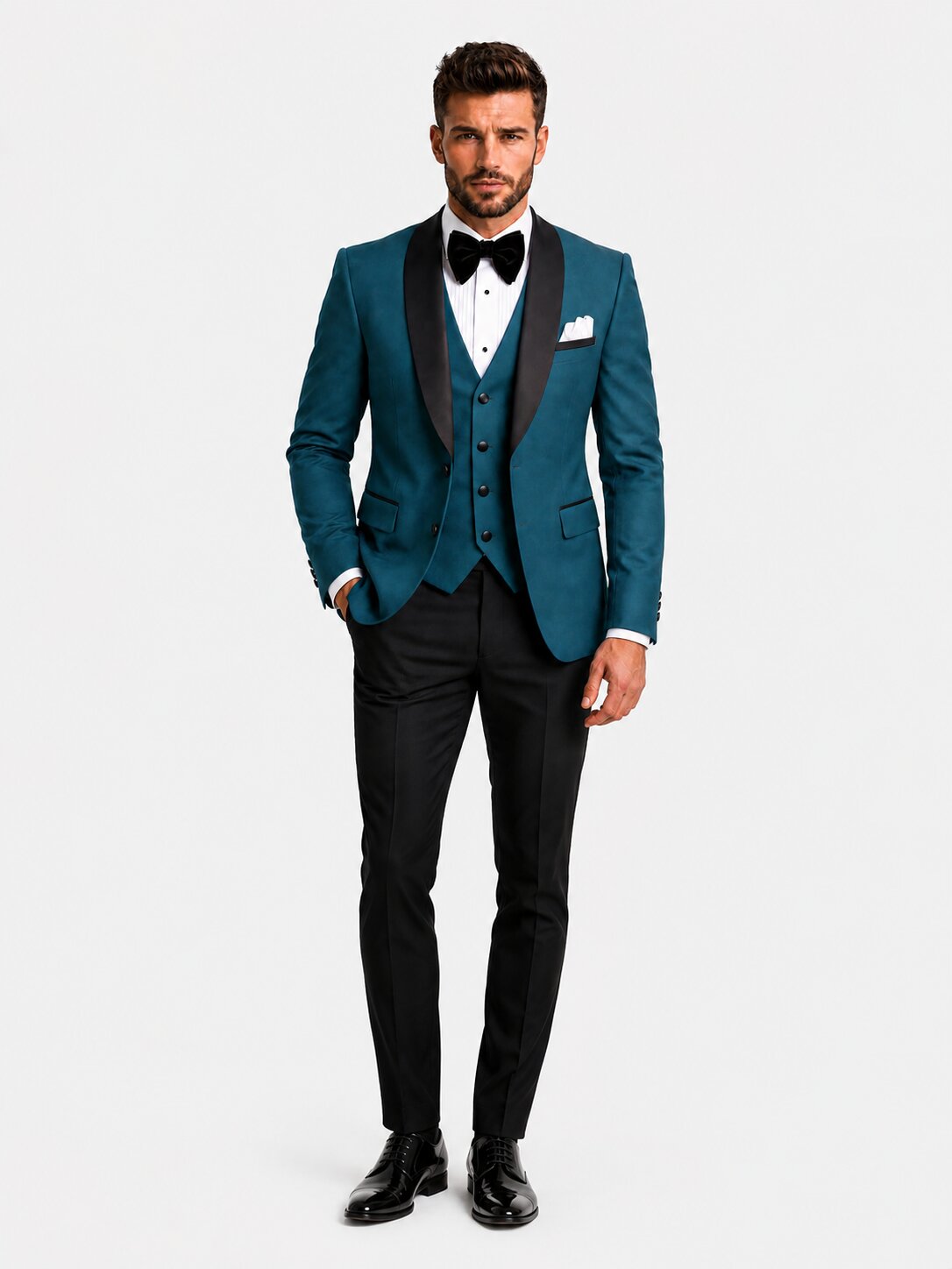 Men's Teal Blue Wedding Tuxedo 3 Piece Suit with Black Pants