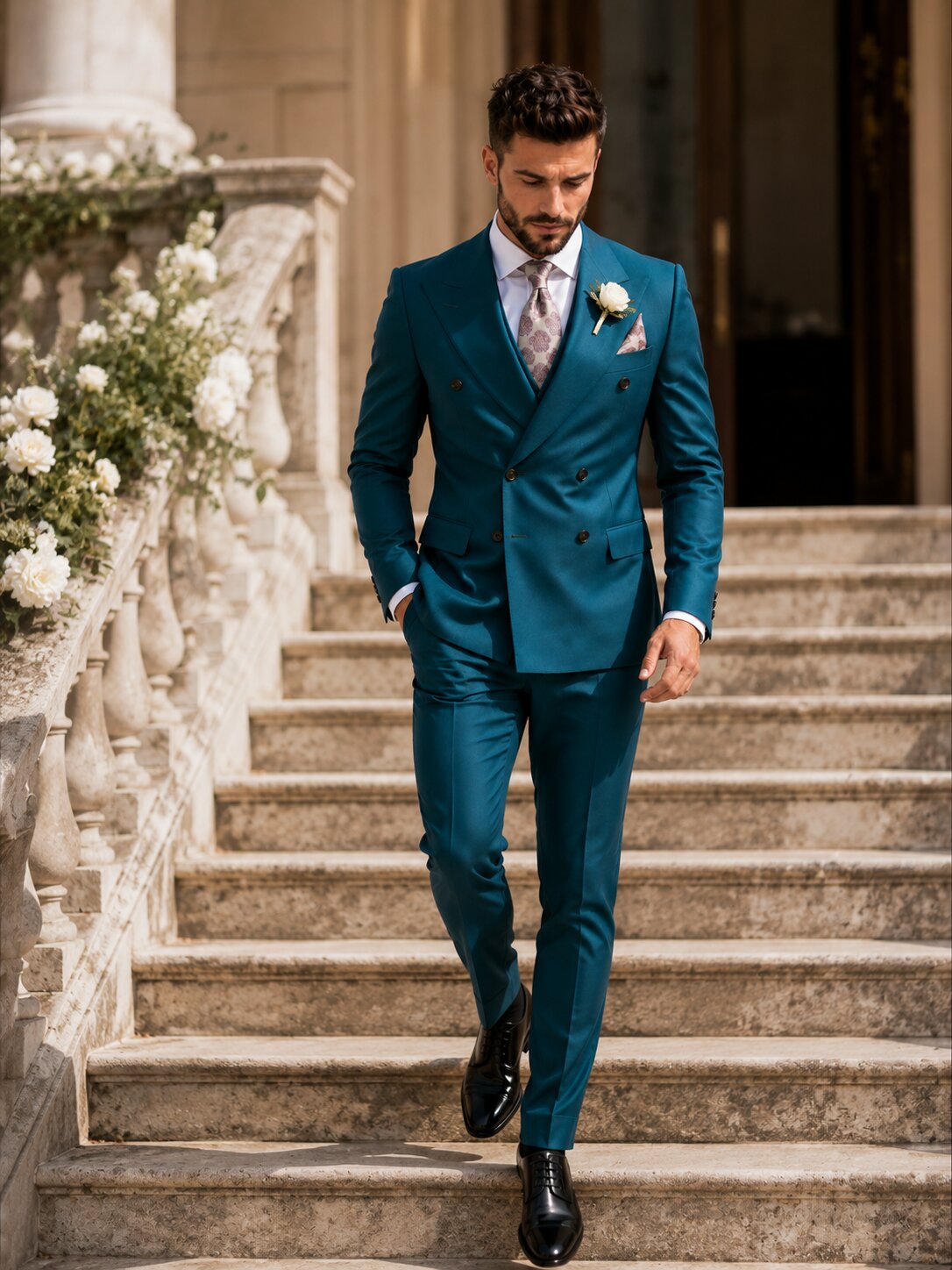 Men's Double Breasted Teal Suit