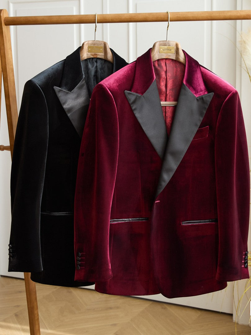 Men’s Velvet Tuxedo Suit with Black Satin Peak Lapels