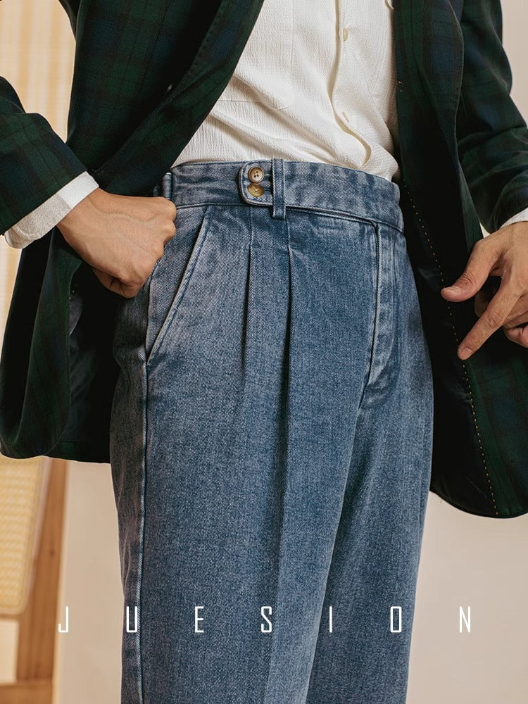 Men’s Vintage Blue Denim High-Waisted Dress Pants
