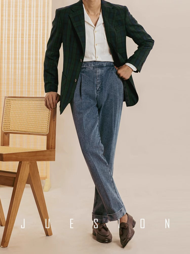 Men’s Vintage Blue Denim High-Waisted Dress Pants