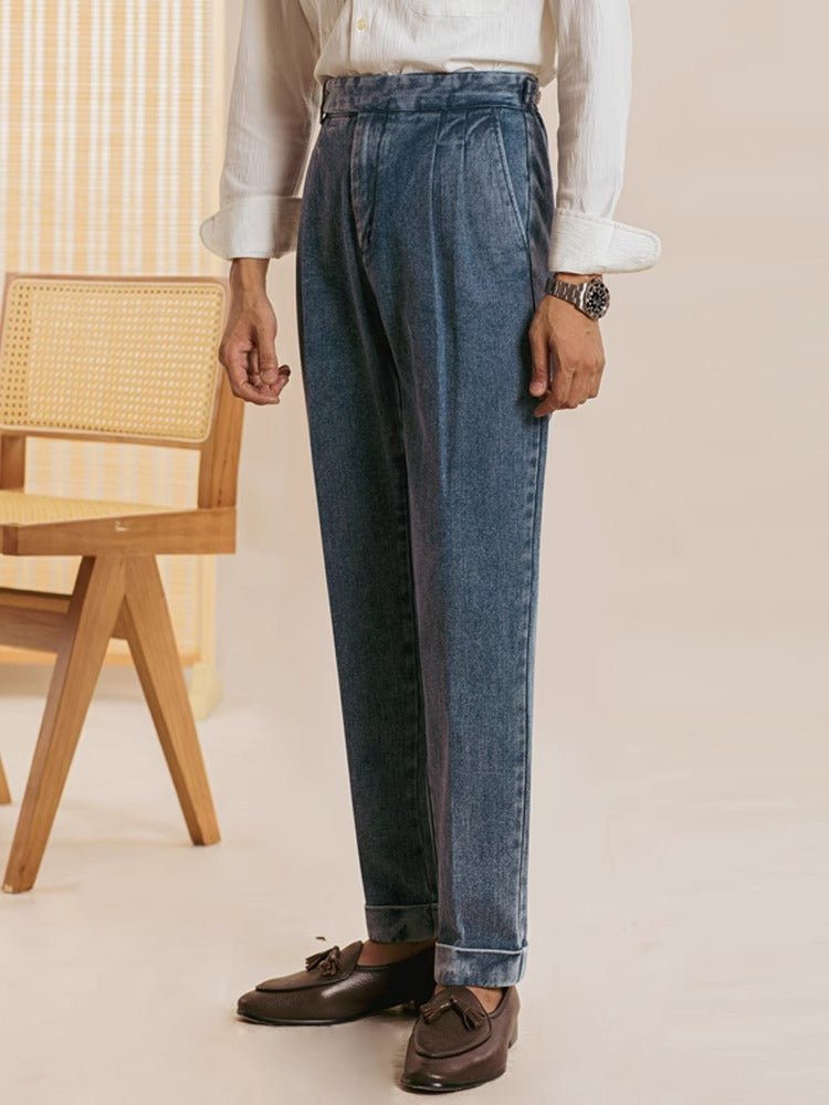Men’s Vintage Blue Denim High-Waisted Dress Pants