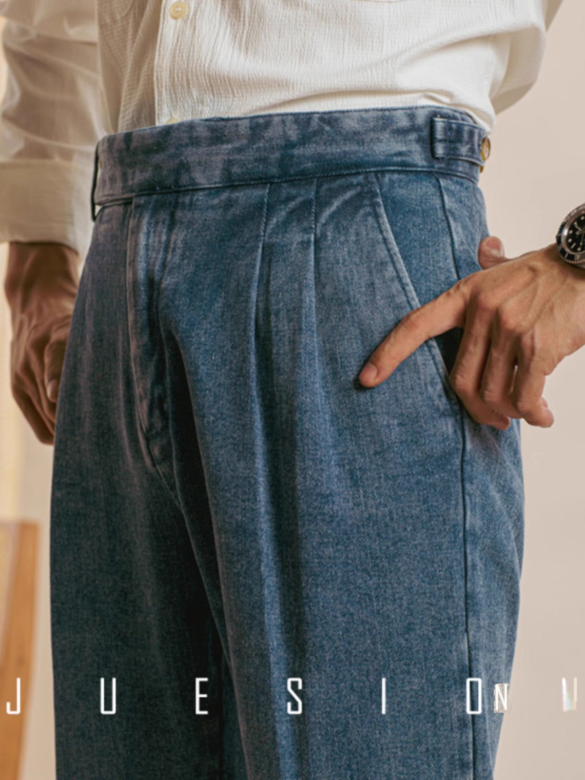 Men’s Vintage Blue Denim High-Waisted Dress Pants