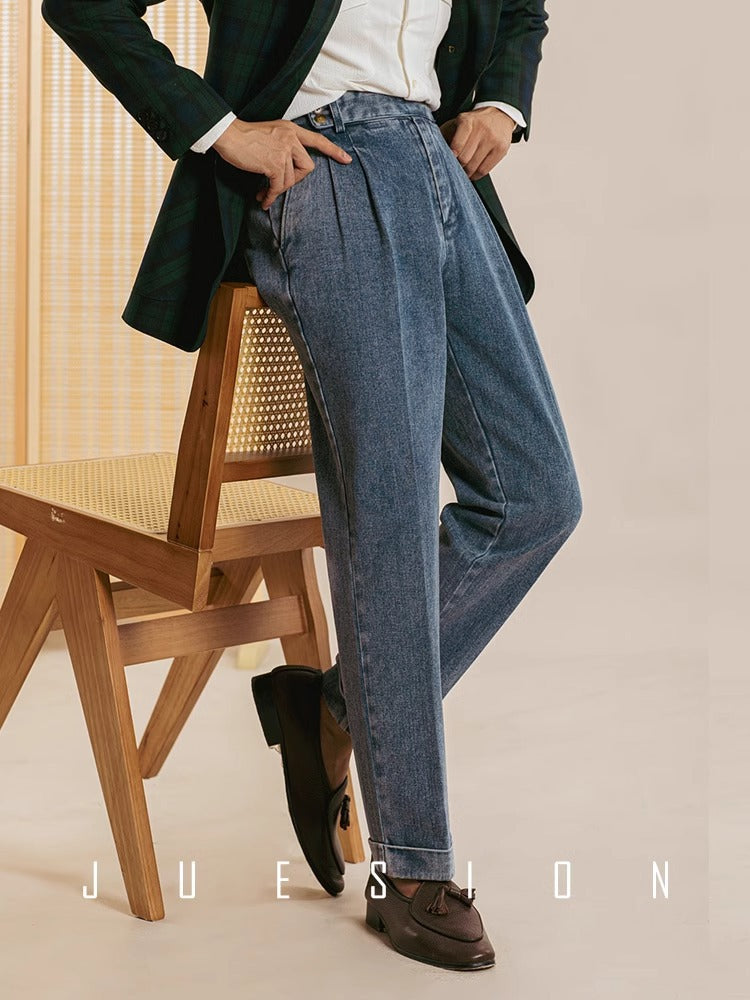 Men’s Vintage Blue Denim High-Waisted Dress Pants