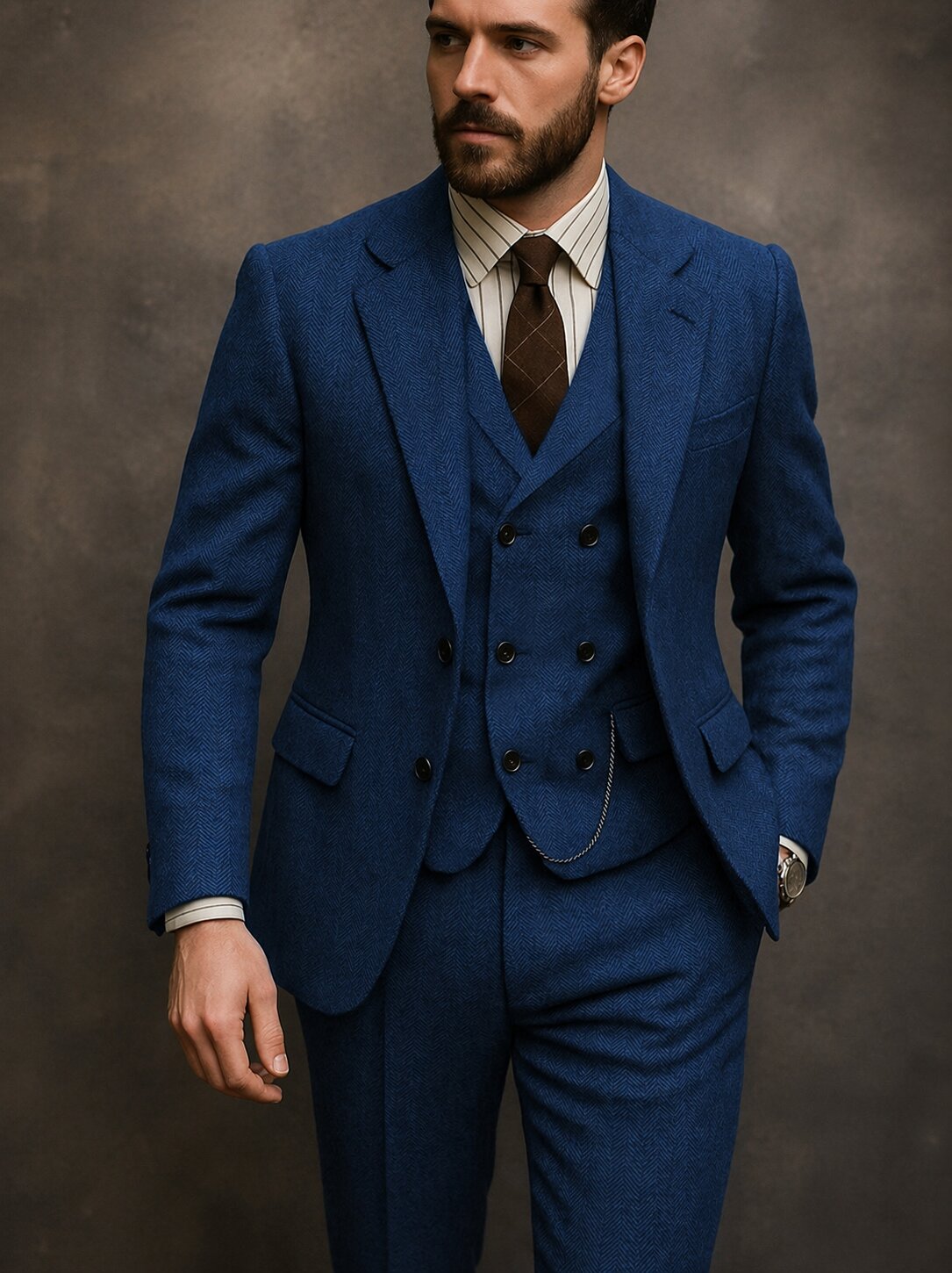 Blue Men’s Vintage Herringbone Suit 3 Piece