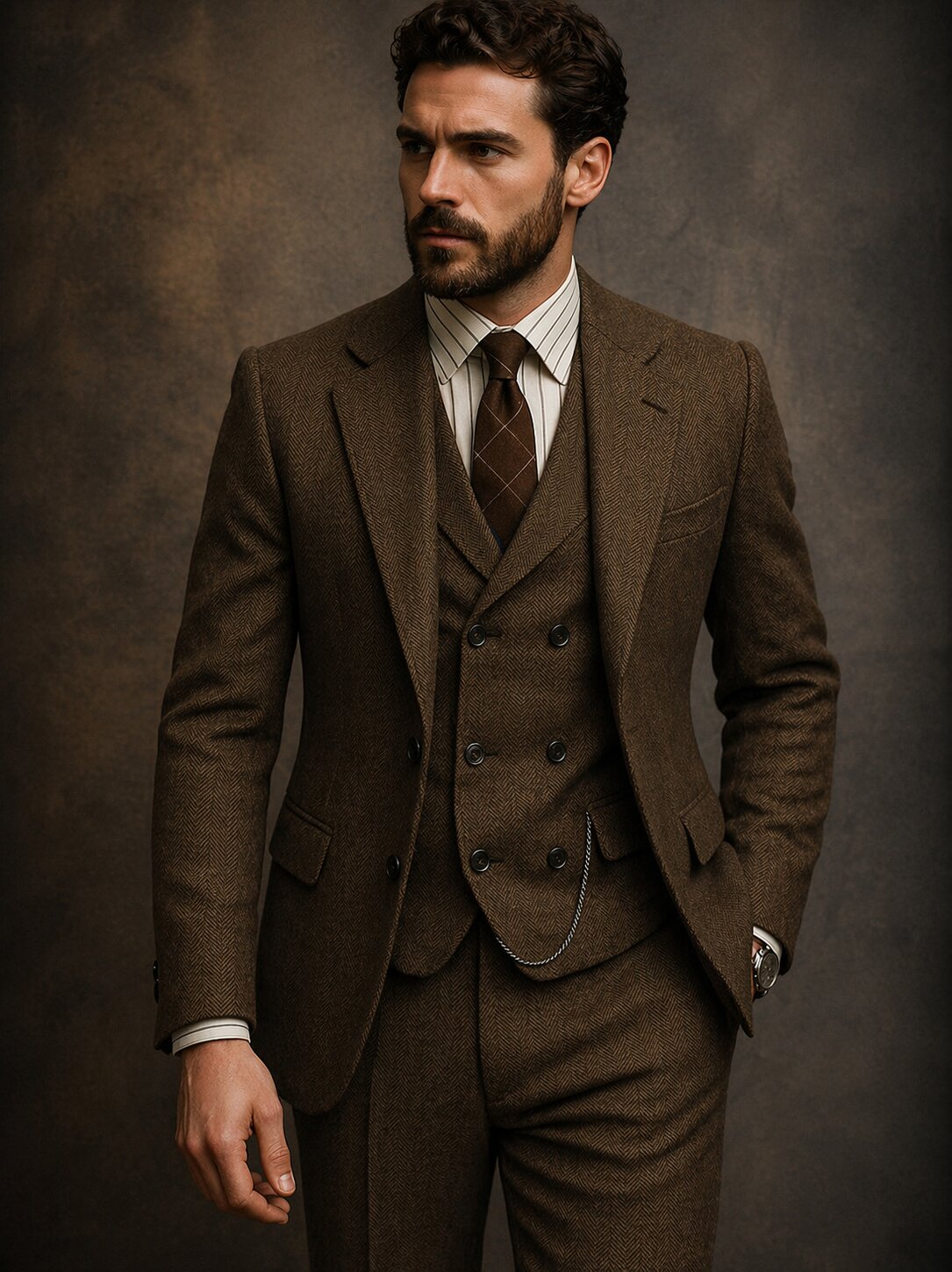 Men’s Vintage Herringbone Suit 3 Piece – Slim Fit Wedding & Formal Suit