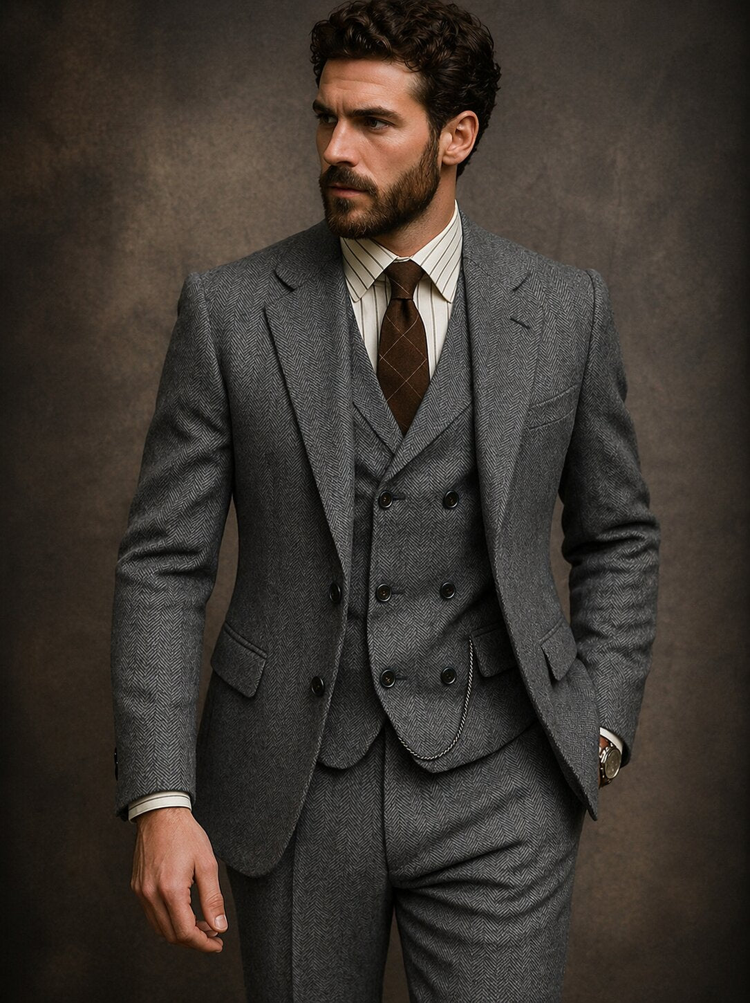 Men’s Vintage Herringbone Suit 3 Piece – Slim Fit Wedding & Formal Suit