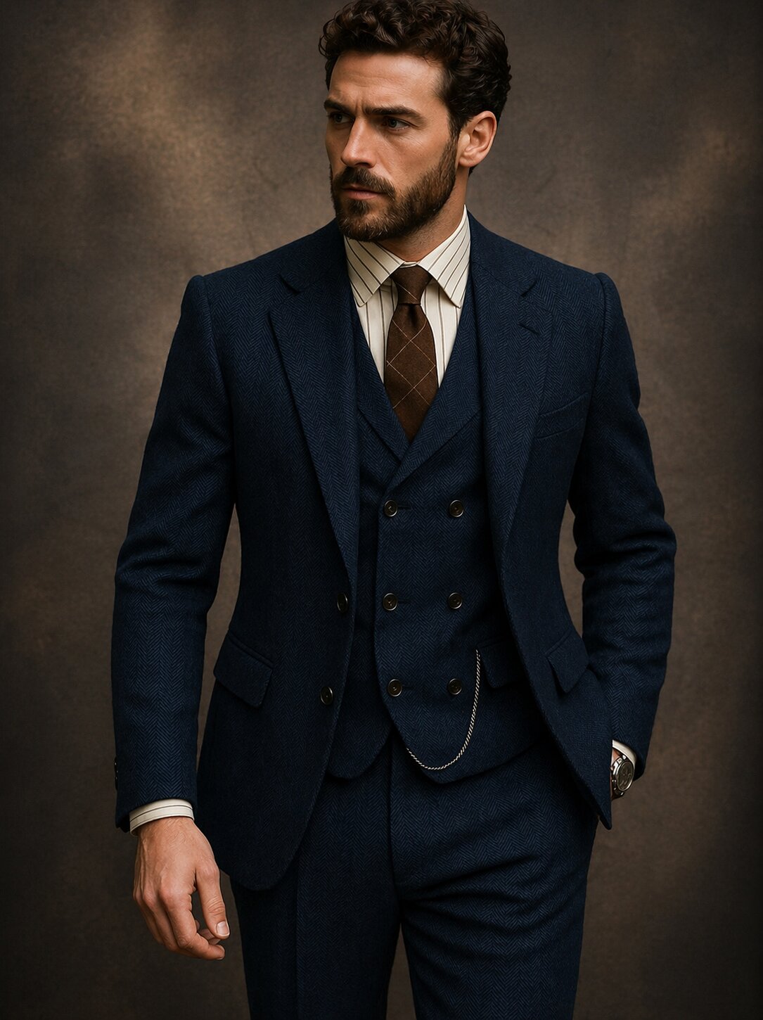 Men’s Vintage Herringbone Suit 3 Piece – Slim Fit Wedding & Formal Suit