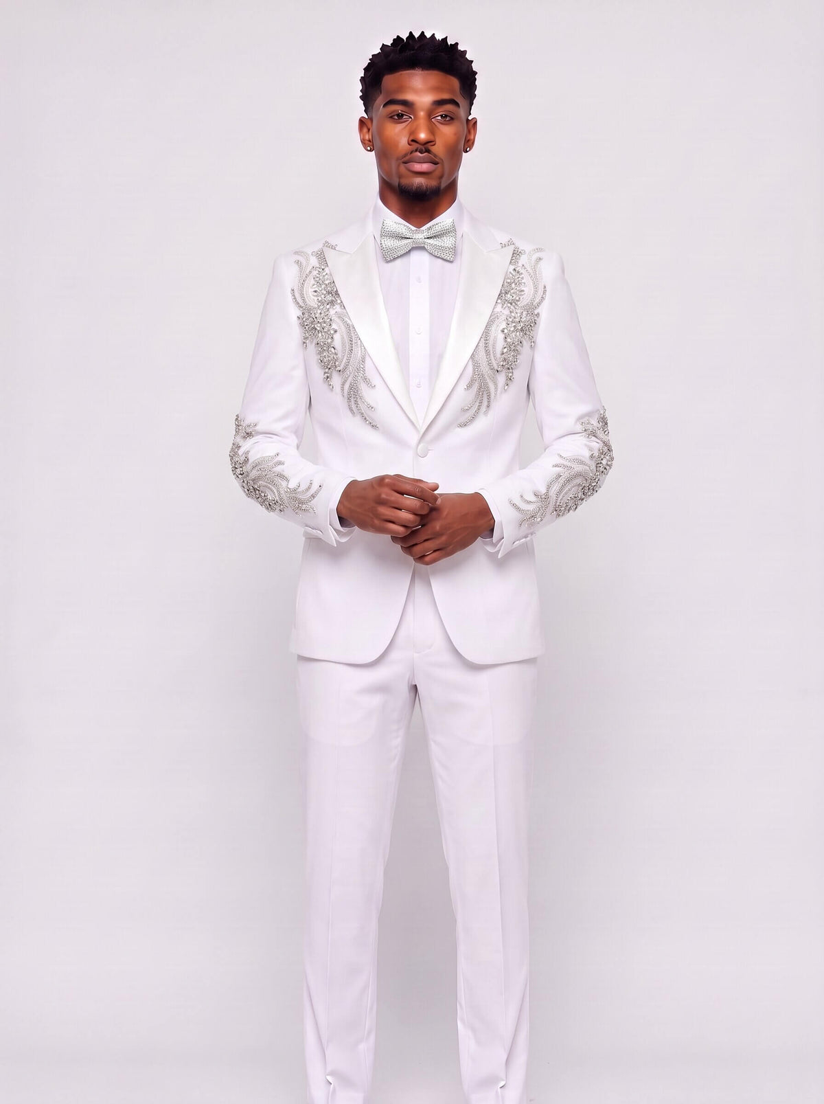 Men’s White 2-Piece Prom Suit With Rhinestones