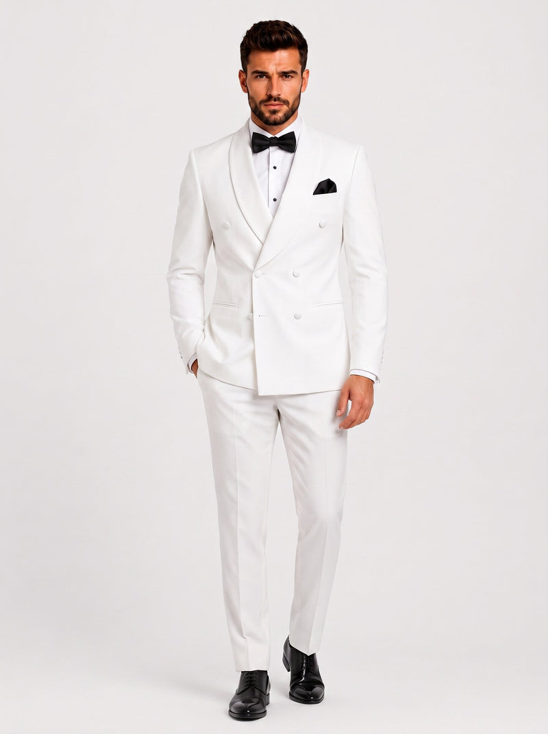 Men’s All White Double-Breasted 2 Piece Wedding Tuxedo