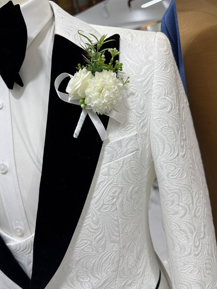 Men's White Floral Jacquard 3 Piece Tuxedo Suit