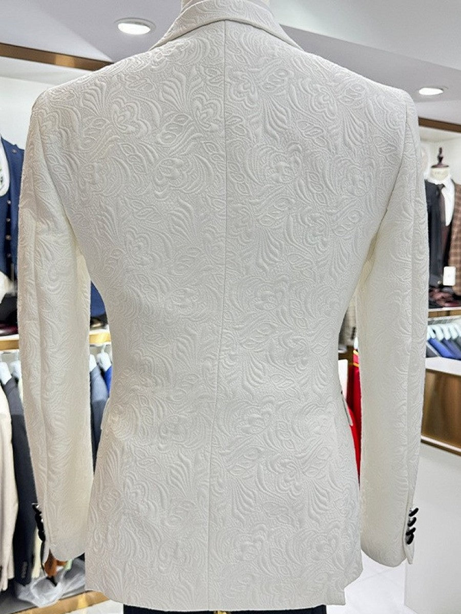 Men's White Floral Jacquard 3 Piece Tuxedo Suit