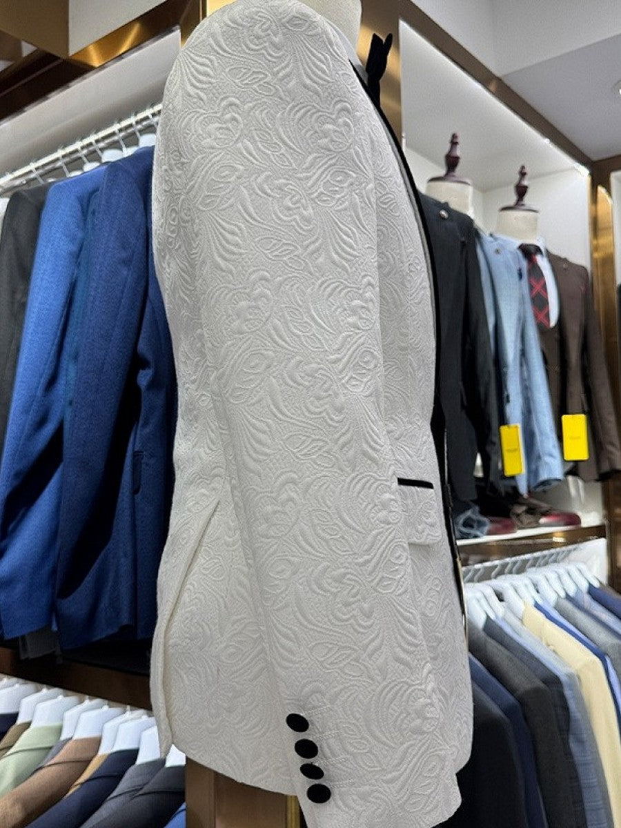 Men's White Floral Jacquard 3 Piece Tuxedo Suit