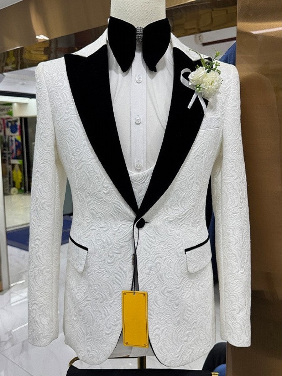 Men's White Floral Jacquard 3 Piece Tuxedo Suit