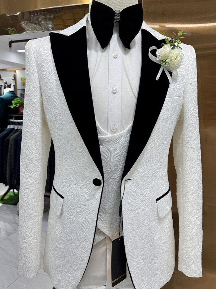 Men's White Floral Jacquard 3 Piece Tuxedo Suit