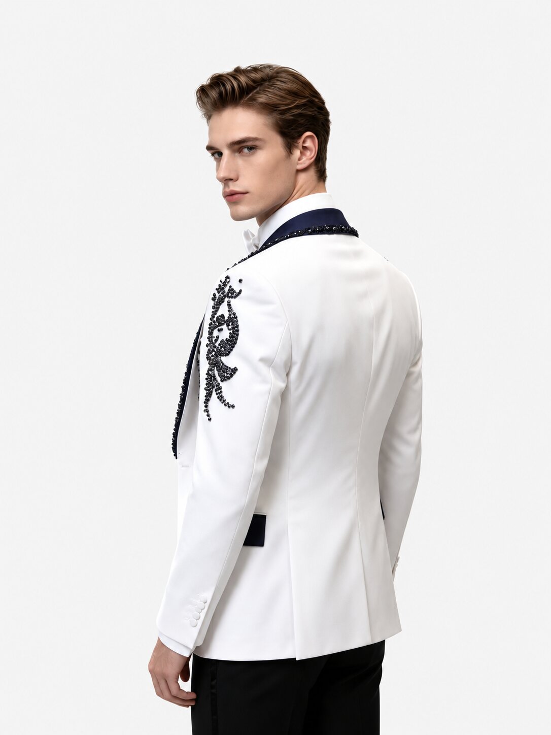 Men’s White & Navy Rhinestone 3-Piece Tuxedo Suit