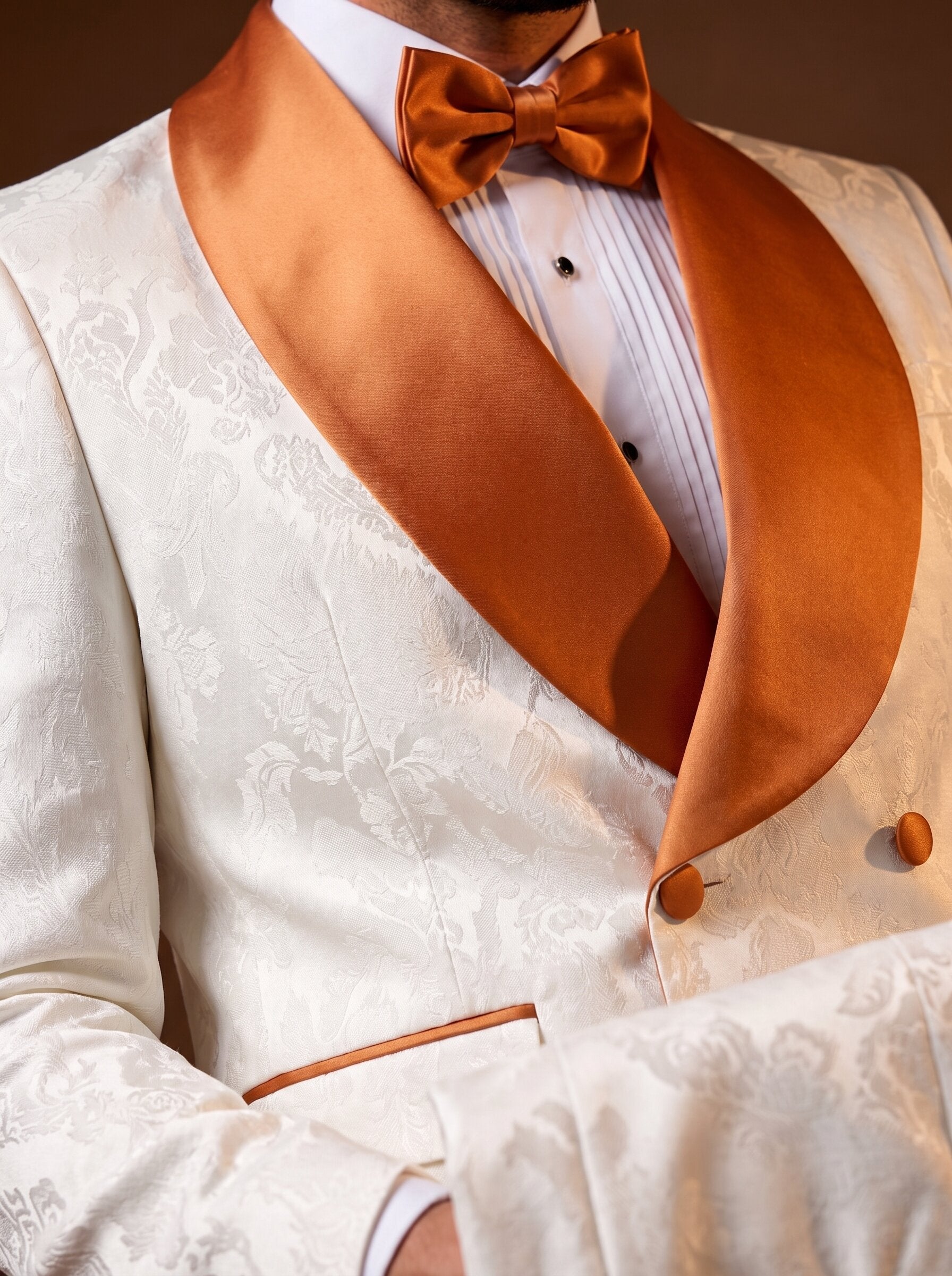 Men’s White Paisley Tuxedo with Copper Satin Lapel