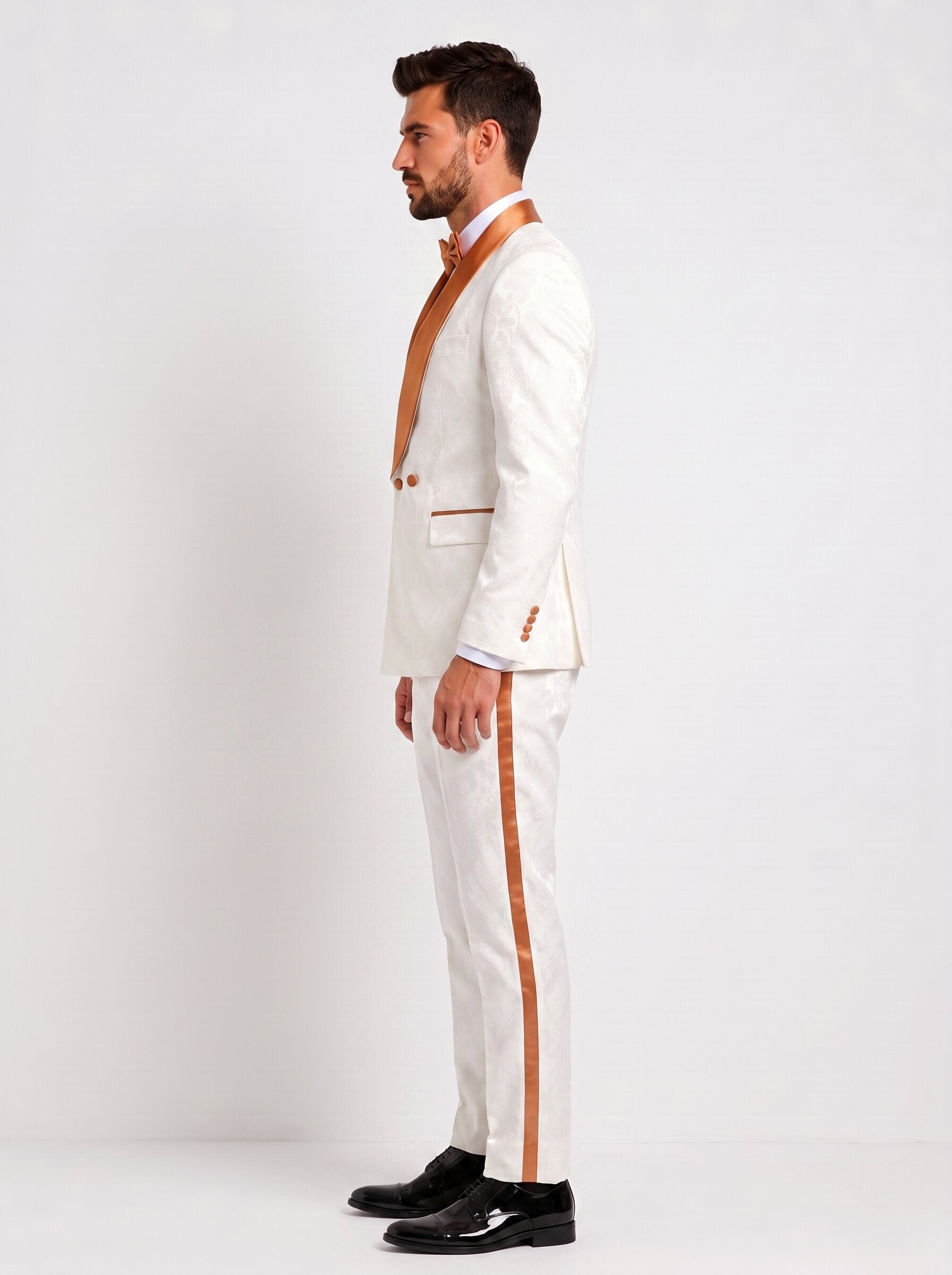 Men’s White Paisley Tuxedo with Copper Satin Lapel