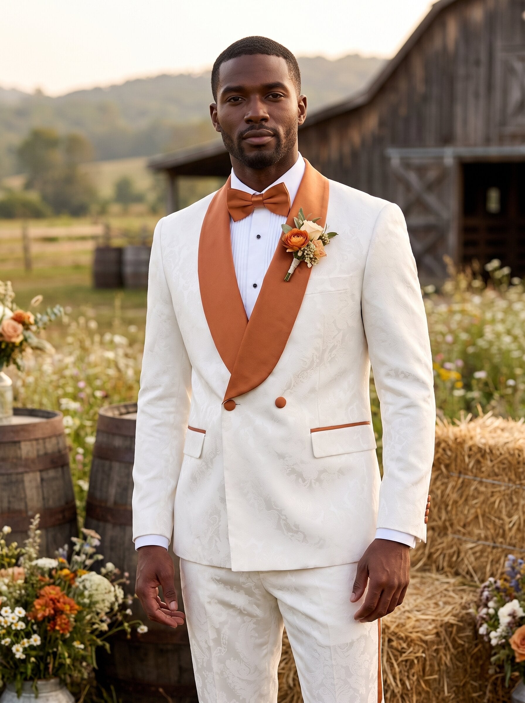 Men’s White Paisley Tuxedo with Satin Lapel Fall Country wedding