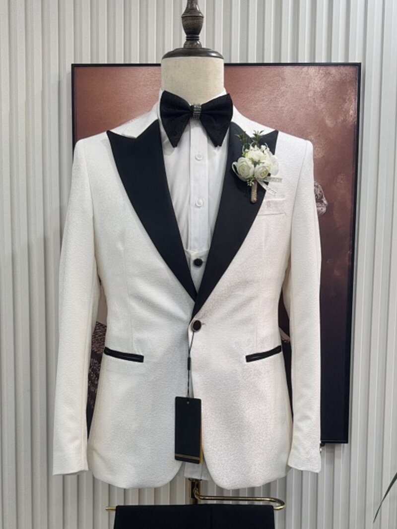 Men's White Peak Lapel 3 Piece Tuxedo with Black Contrast
