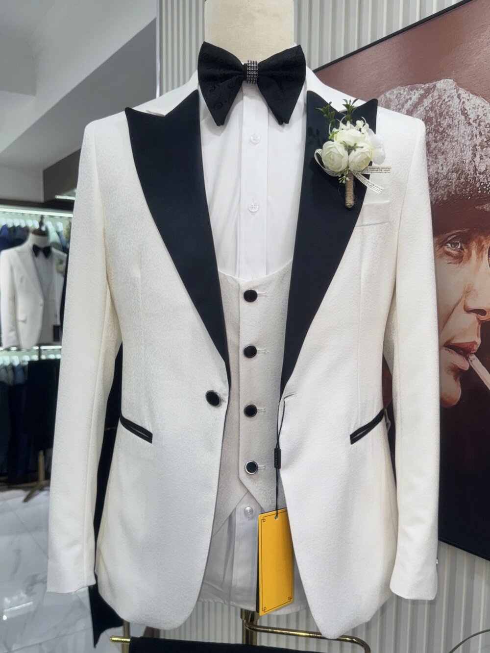 Men's White Peak Lapel 3 Piece Tuxedo with Black Contrast