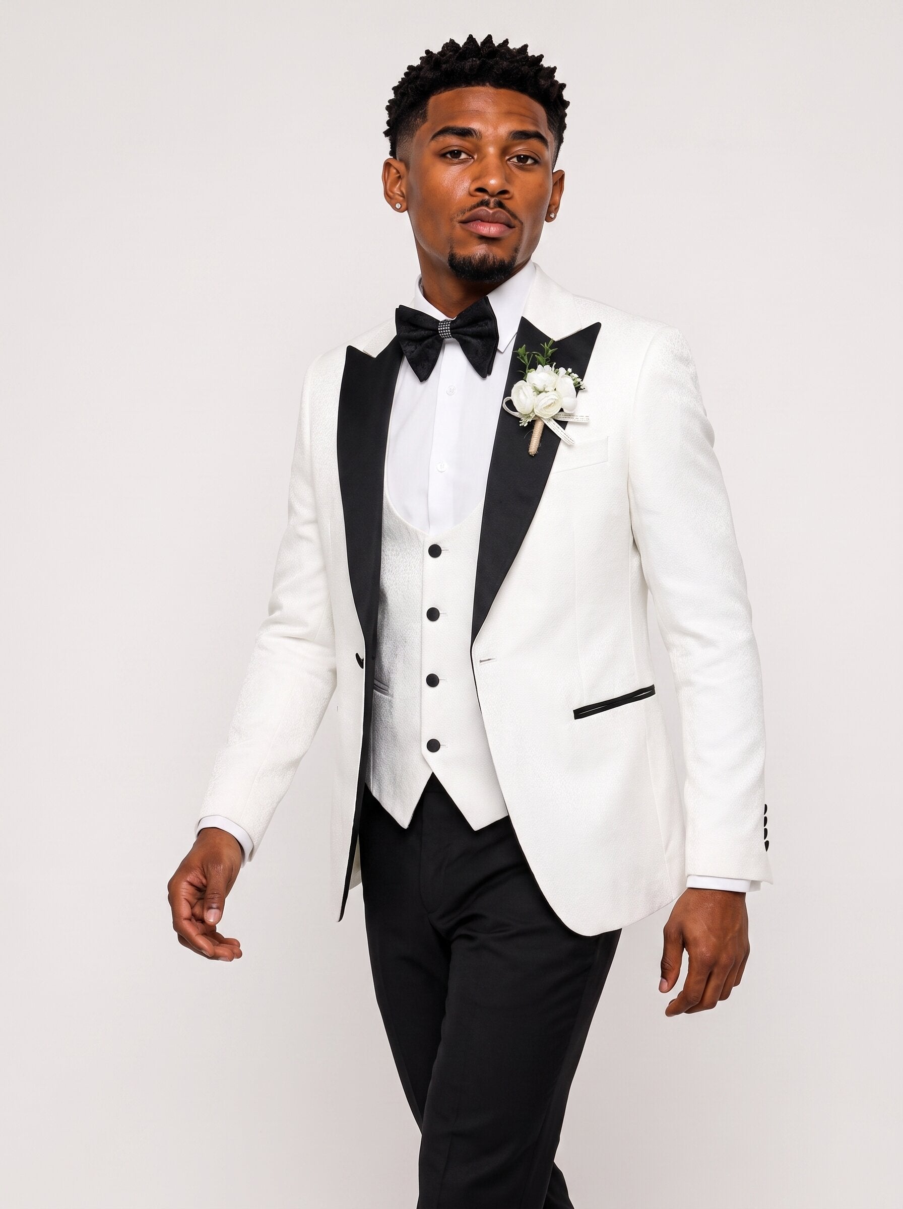 Men's White Peak Lapel 3 Piece Tuxedo with Black Contrast