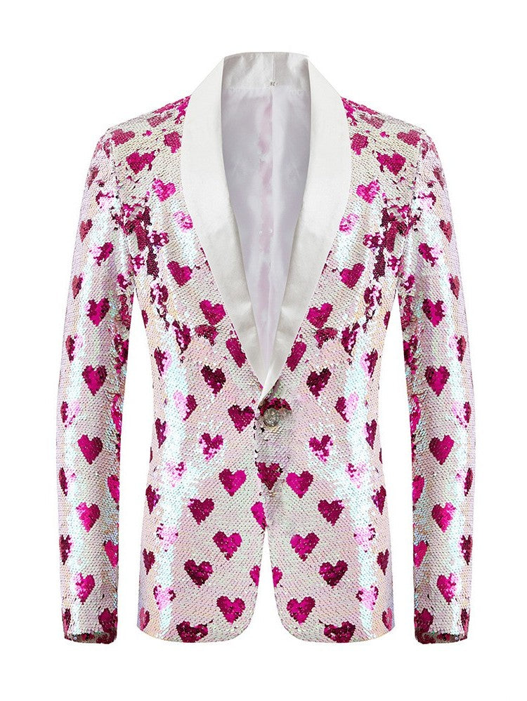 Men's White Pink Heart Sequin Blazer
